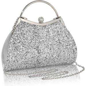 Women's Silver Sparkly Evening Chain Strap Fashionable Shoulder Clutch Bag